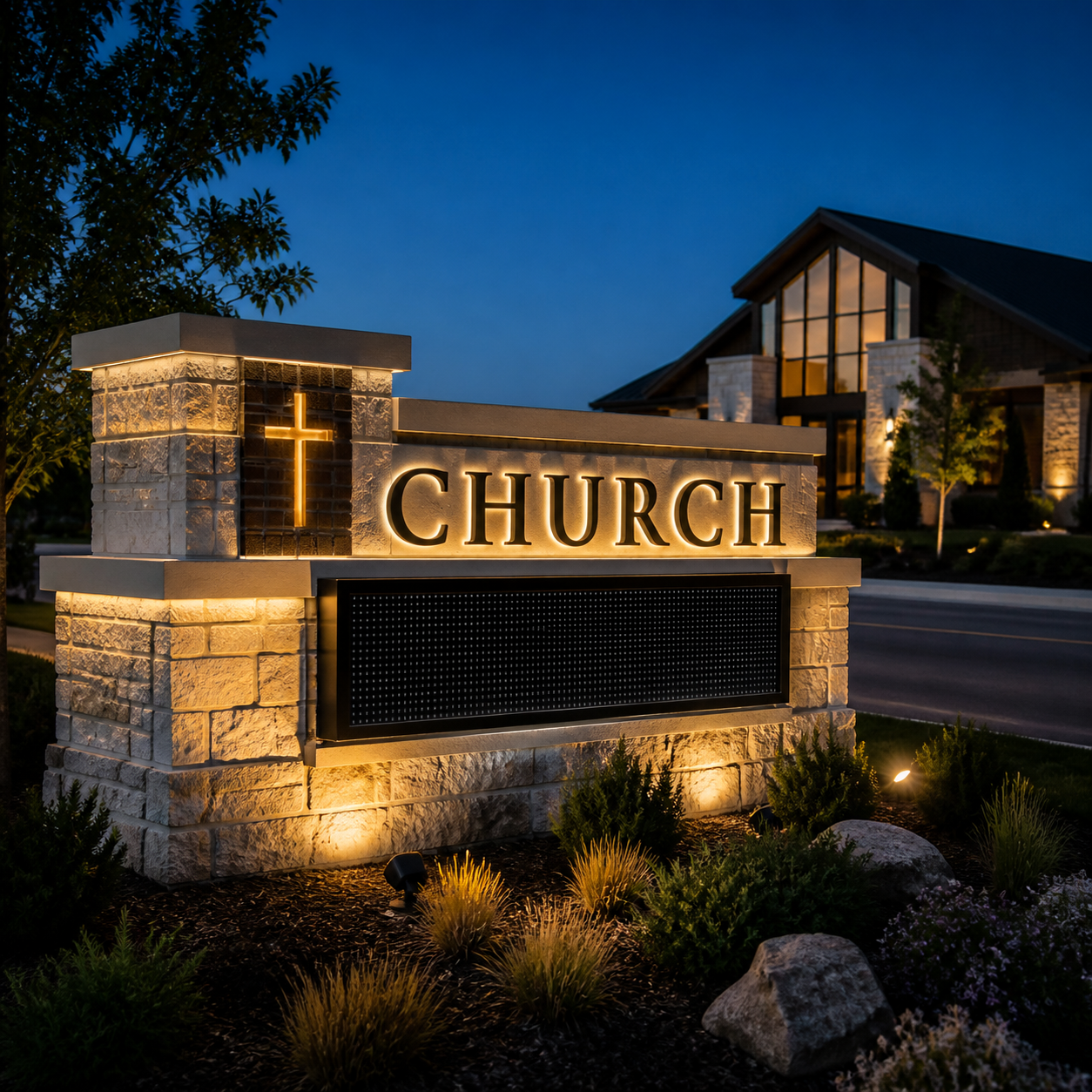 Illuminated stone church monument sign with an LED message center