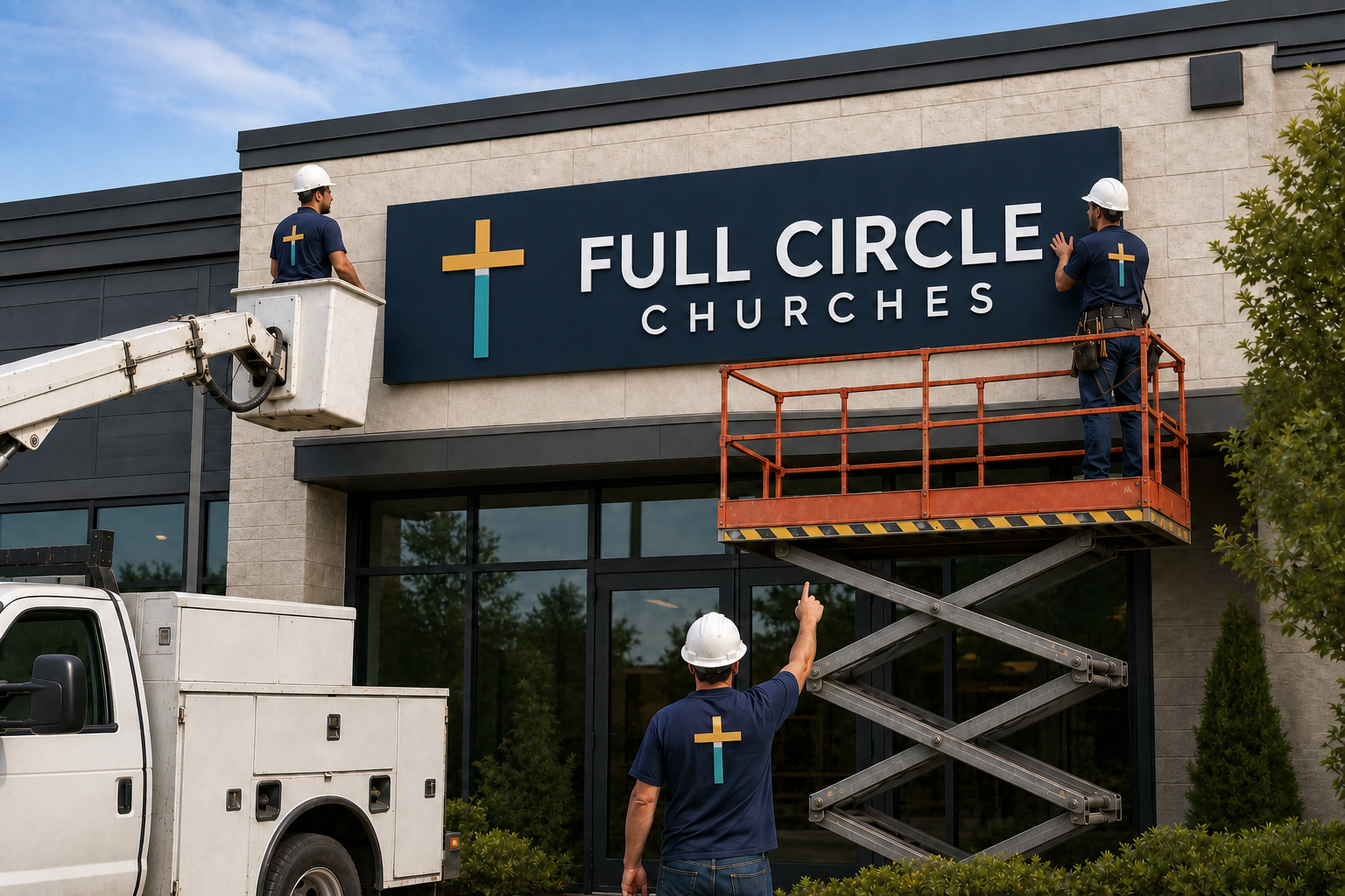 Crew installing a centered Full Circle Churches building sign