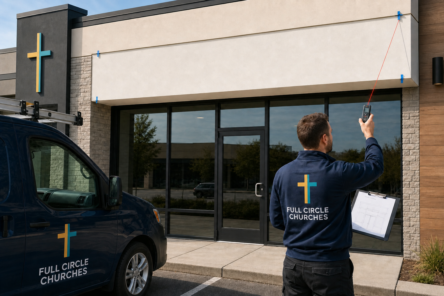 Full Circle Churches technician surveying a church facade