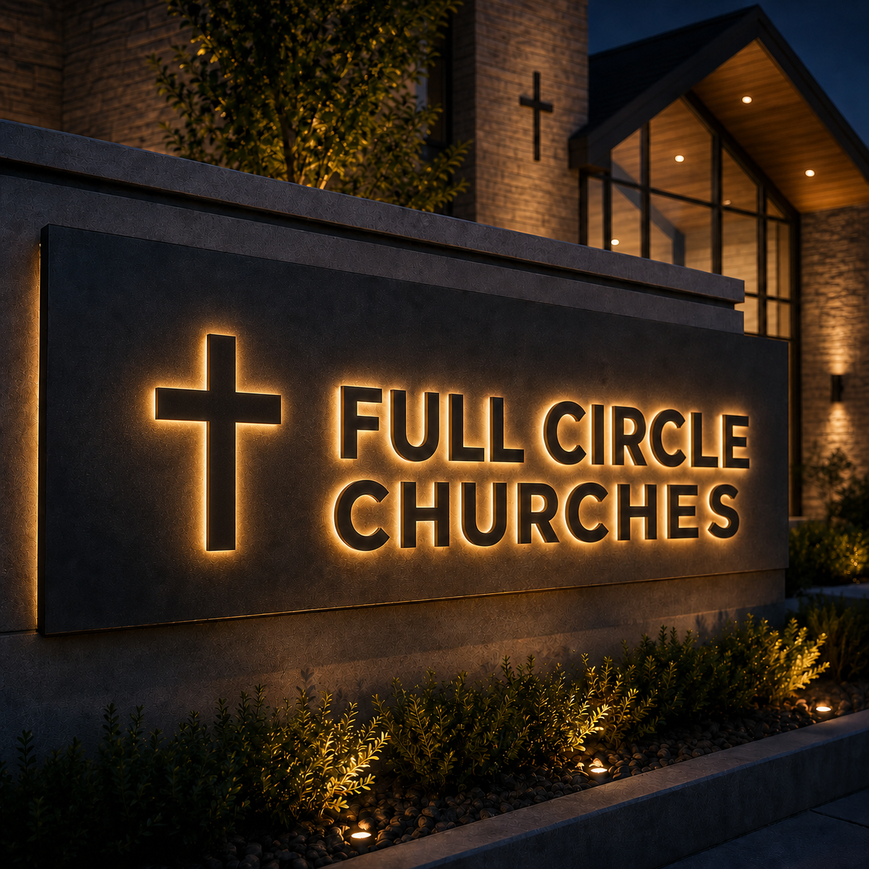 Full Circle Churches illuminated monument sign outside a church