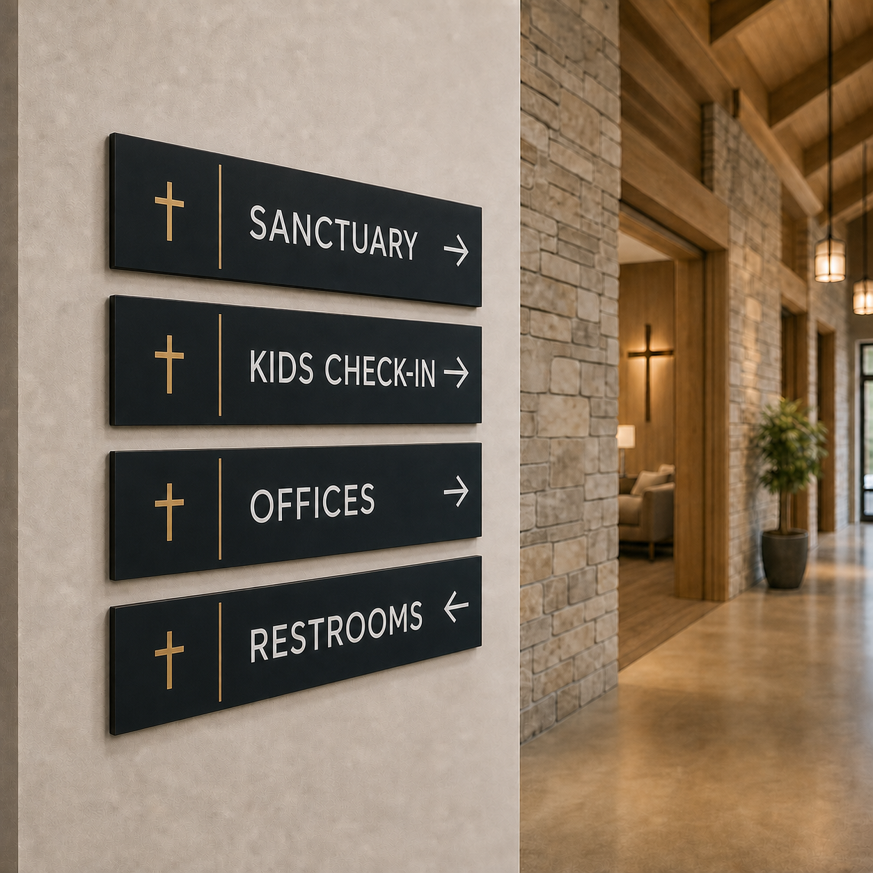 Centered church directional signs for sanctuary, kids check-in, offices, and restrooms
